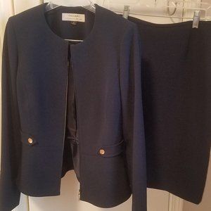 Navy Tahari women's work skirt suit with gold hardware